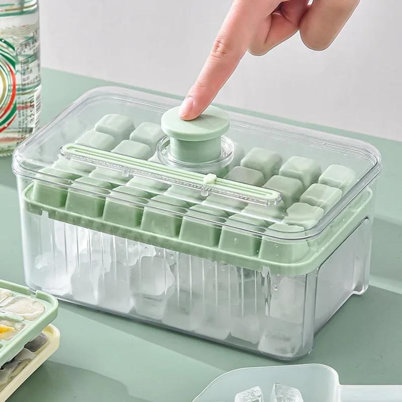 Zásobník na led Formy na ledové kostky jedním tlačítkem s víkem a přihrádkou Víceúčelová forma na výrobu ledu Pro domácnost Forma na skladování ledu v potravinářské kvalitě