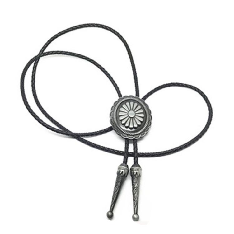 Western Cowboy Vintage Metal Flower Bolo Tie Adjustable Braided Rope Necktie Feathered Pendant Charm Jewelry Necklace
