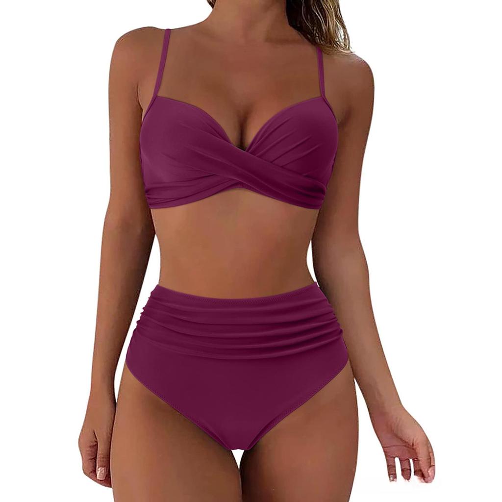 Bikini-Badeanzug mit hoher Taille für Damen, Bademode, gepolstert, Push-Up, gerüschter Badeanzug, Bikini-Set für Damen