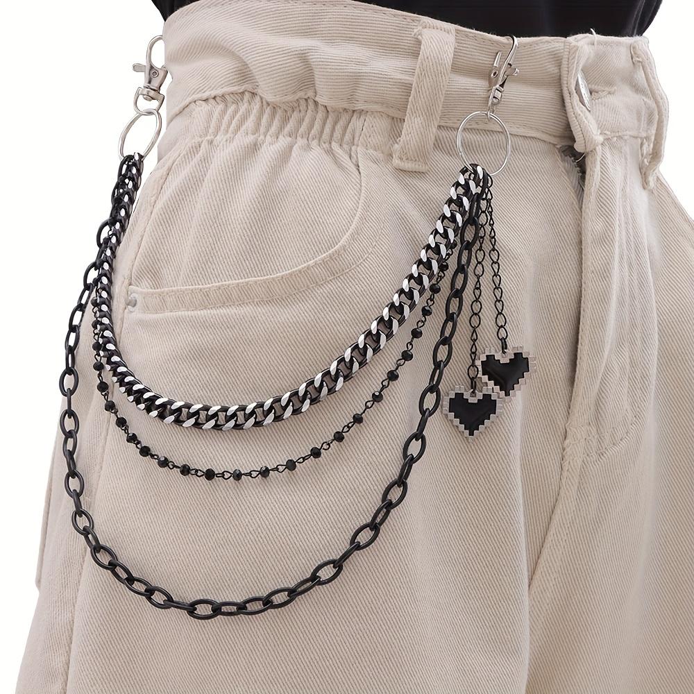 Double Layer Black Mosaic Heart Pendant Metal Pants Chain Belt - Hip Hop Style Zinc Alloy Accessory for Women, Versatile for Daily Wear or Parties чёрный