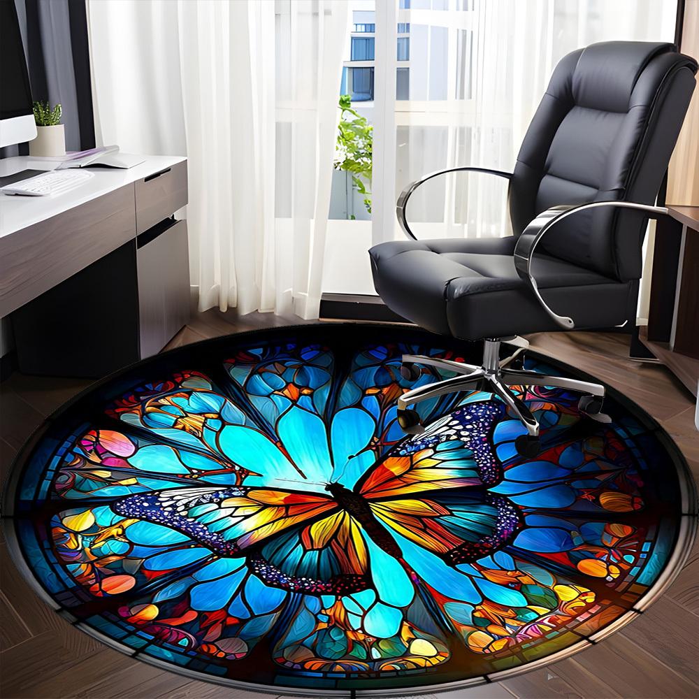 1PC Butterfly StainedGlass Office Round Area Rug,  Mat Suitable ForOffice, Under Office Chairs Bedroom Living Room Home Decor, Room Deco