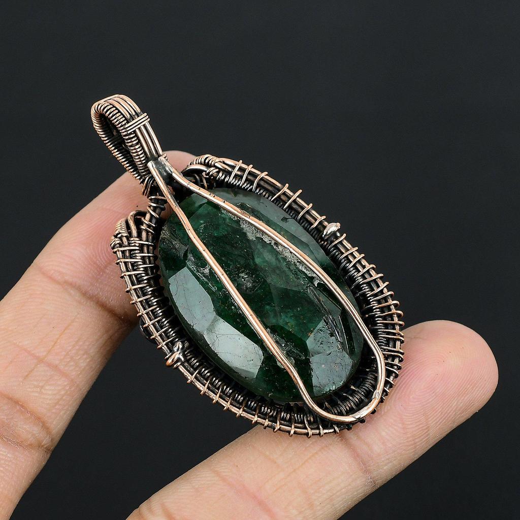Emerald Pendant, 999 Copper Wire Wrapped Pendant Gemstone Jewelry, Handmade Pendant Amazing Jewelry, Gift For Her