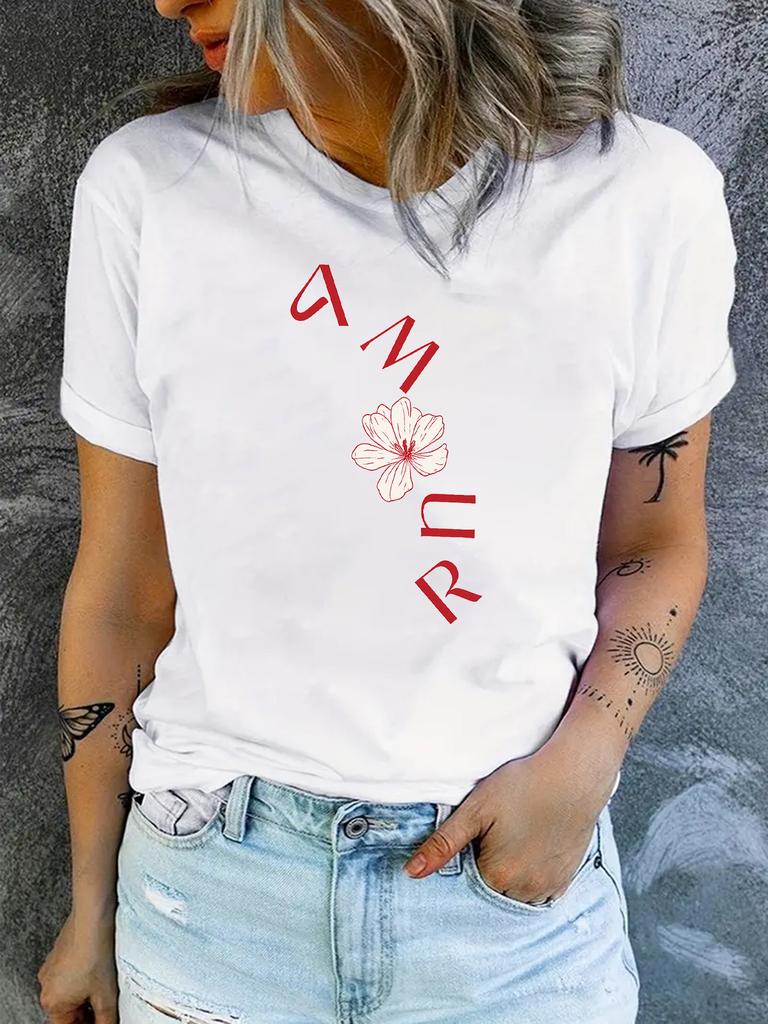 Women'S Casual Round-Neck T-Shirt with Stylish Letter Print for Spring and Summer