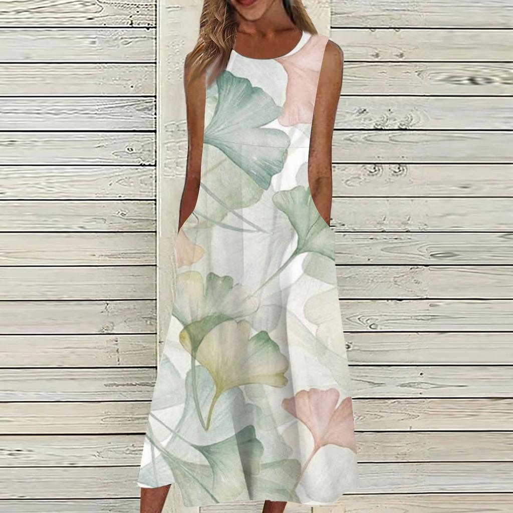 Dámské neformální tištěné šaty s kulatým výstřihem, základní klasické venkovní denní šaty bez rukávů volné