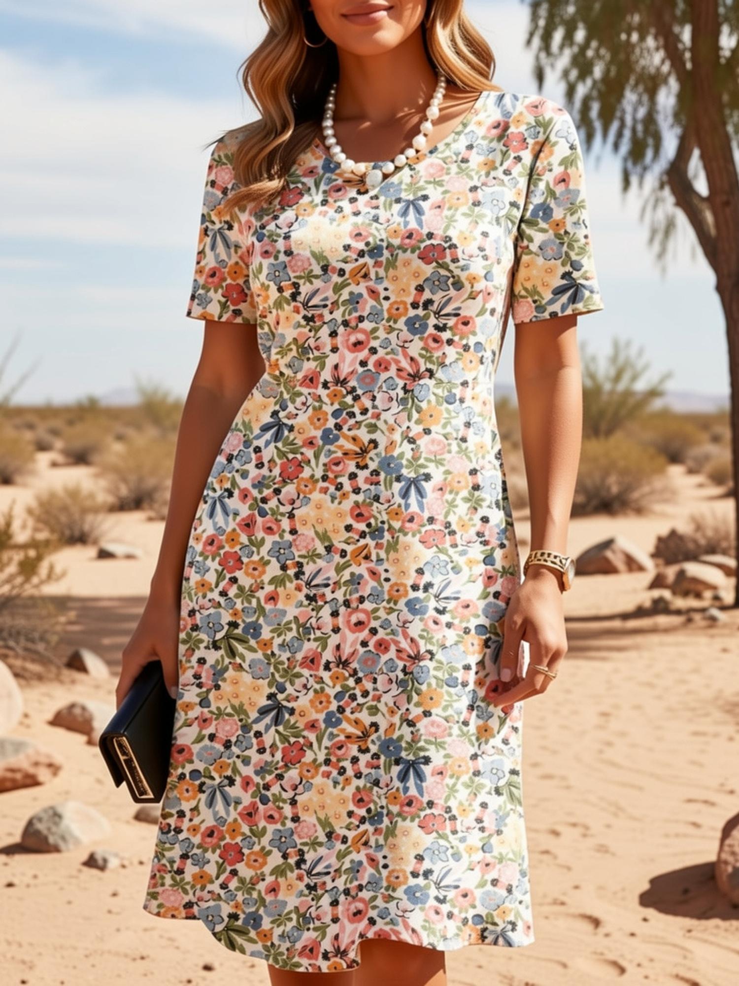 

Plus Size - Plus Size - Elegant Plus Size Floral Print Short Sleeve Dress Crew Neck. Medium Stretch Fabric. Fit And Flare Style. Suitable For All Sea 7XL дубильна кора