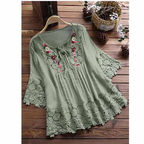 Summer Women Casual Solid Tops Shirt Cotton and Linen Stitching Lace Flower V-neck Loose Top Blouse New Elegant Holiday Shirts