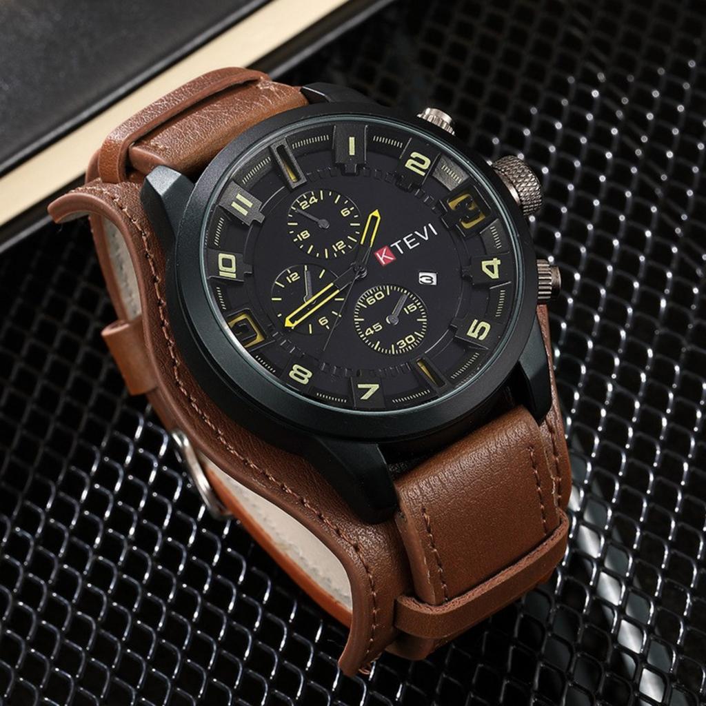 KTEVI Men Round Quartz Watch Multi Subdial Date Genuine Casual Military Sports Wristwatch Fashion Luxury Gift For Gentlemen