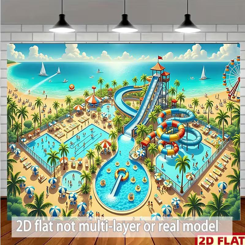 

2D Water Amusement Park Backdrop, 2D Flat Water Slides & Ocean Background for Summer Pool Party Decoratio 47.2x31.5inch/120*80cm