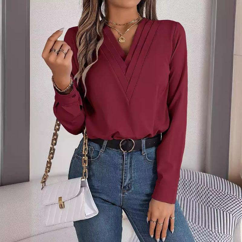 Elegant Fashion Layered V-neck Long Sleeved Women Shirt Solid Color Loose Casual Simple Office Blouse Ladies Basic Spring Autumn Tops Women's Clothing