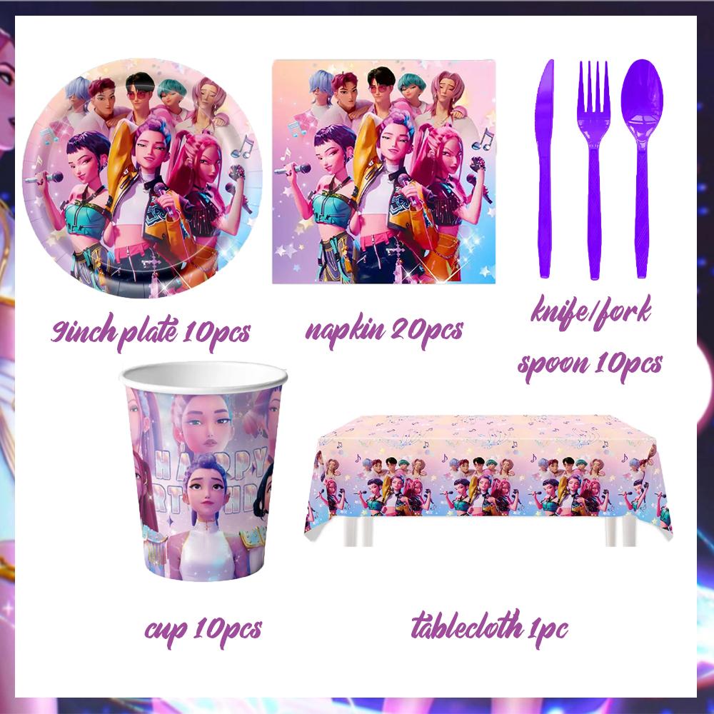 KPop Girl Dämonenjäger Geburtstagsparty Dekorationen Lila Einweg-Geschirr Anime Rosa Ballons Hintergrundbanner Kuchenaufsätze