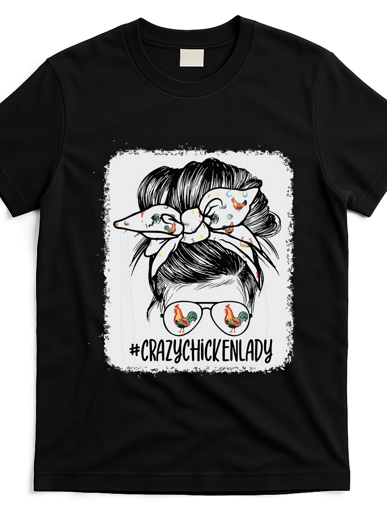 

Men s & Women s Crazy Chicken Lady Graphic T-Shirt - Retro Messy Bun Hair & Chicken Print Short Sleeve Tee, 100% 220G, Funny Farm Theme Casual Shirt 5XL різнокольоровий