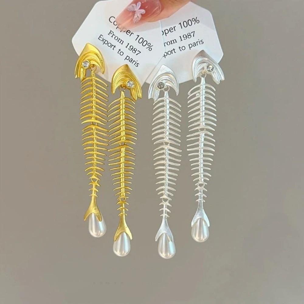 Punk Gothic Fischgräten-Perlenohrringe Fischgrätenförmige Hängeohrringe Übertriebener Ohrhänger Frauen