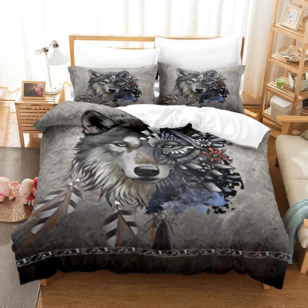 Boys Wolf Duvet Cover Set Queen Size, Boho Wolf Wildlife Animal Bedding Set Men Galaxy Dream Catcher Moon Polyester Quilt Cover