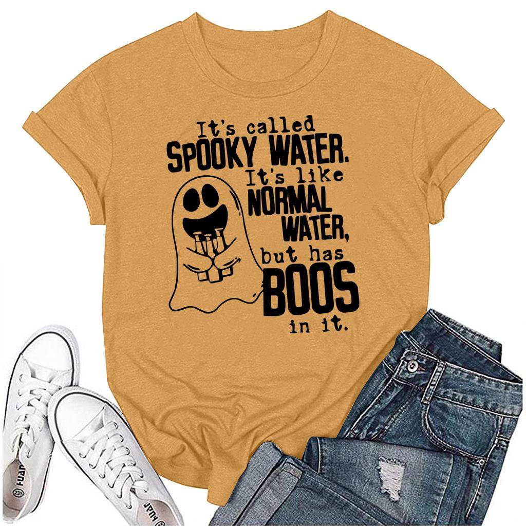 Women's Halloween Ghost Print Short Sleeve Loose Round Neck Pullover Top