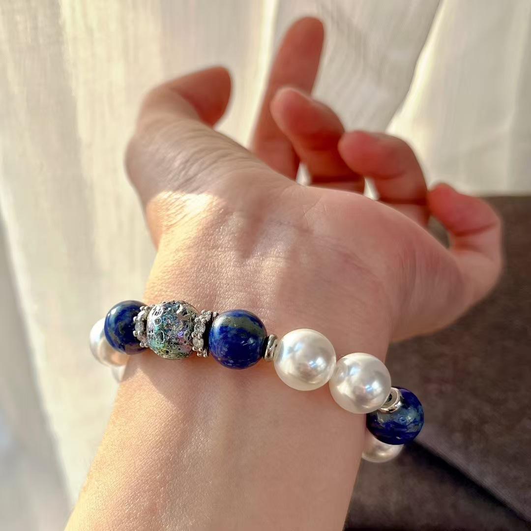 Retro High Quality Natural Lapis Lazuli High Gloss Artificial Crystal Pearl Bracelet Bracelet.