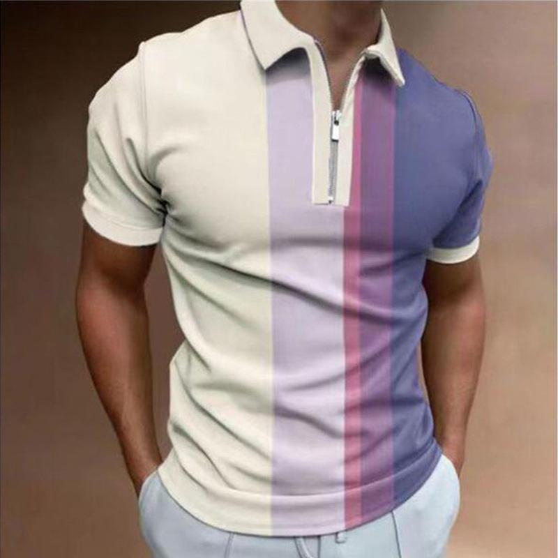 Geometric Pattern Short-Sleeve Zip Polo Shirt, Stylish Casual Men's Top
