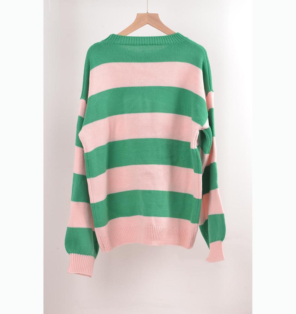 Plus Size Women Striped Spliced Round Neck Pullover Sweater Loose Lazy Autumn Wear