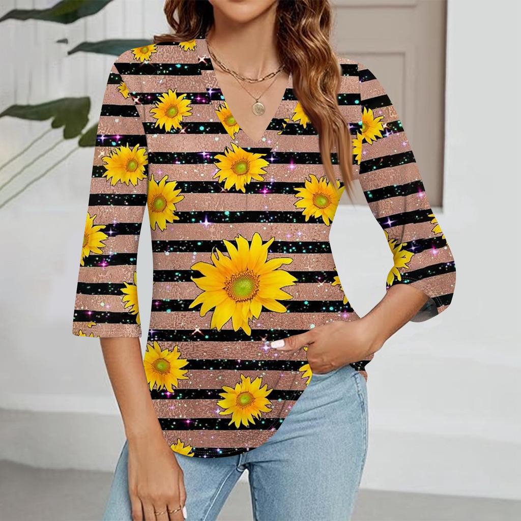 Modisches Oberteil mit V-Ausschnitt, Farbverlauf-Print und Dreiviertelärmeln für Damen