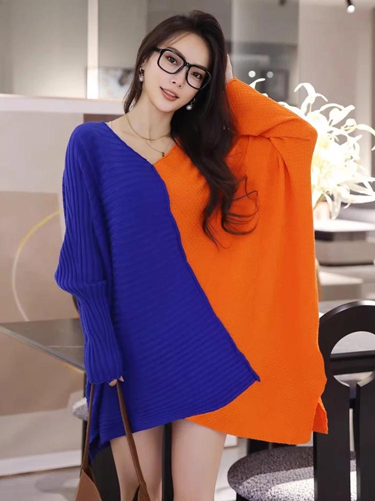 

Xitao Повседневный свободный однотонный свитер с V-образным вырезом и рукавами «летучая мышь» GMM1034 One Size синий