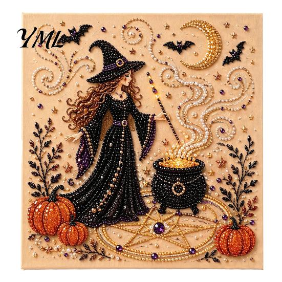 Handmade Ghost Pumpkin Art Halloween Faux Pearl DIY Kit, 3D Bead Embroidery Craft Set, Spooky Haunted House Goat Witch Wall Art, Seasonal Home