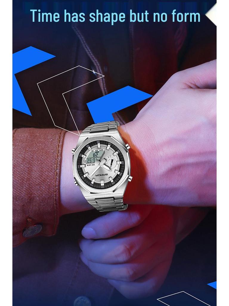 Sanda Men's Multifunctional Dual Display Watch with Countdown, Alarm, Daylight Saving, and Waterproof Features