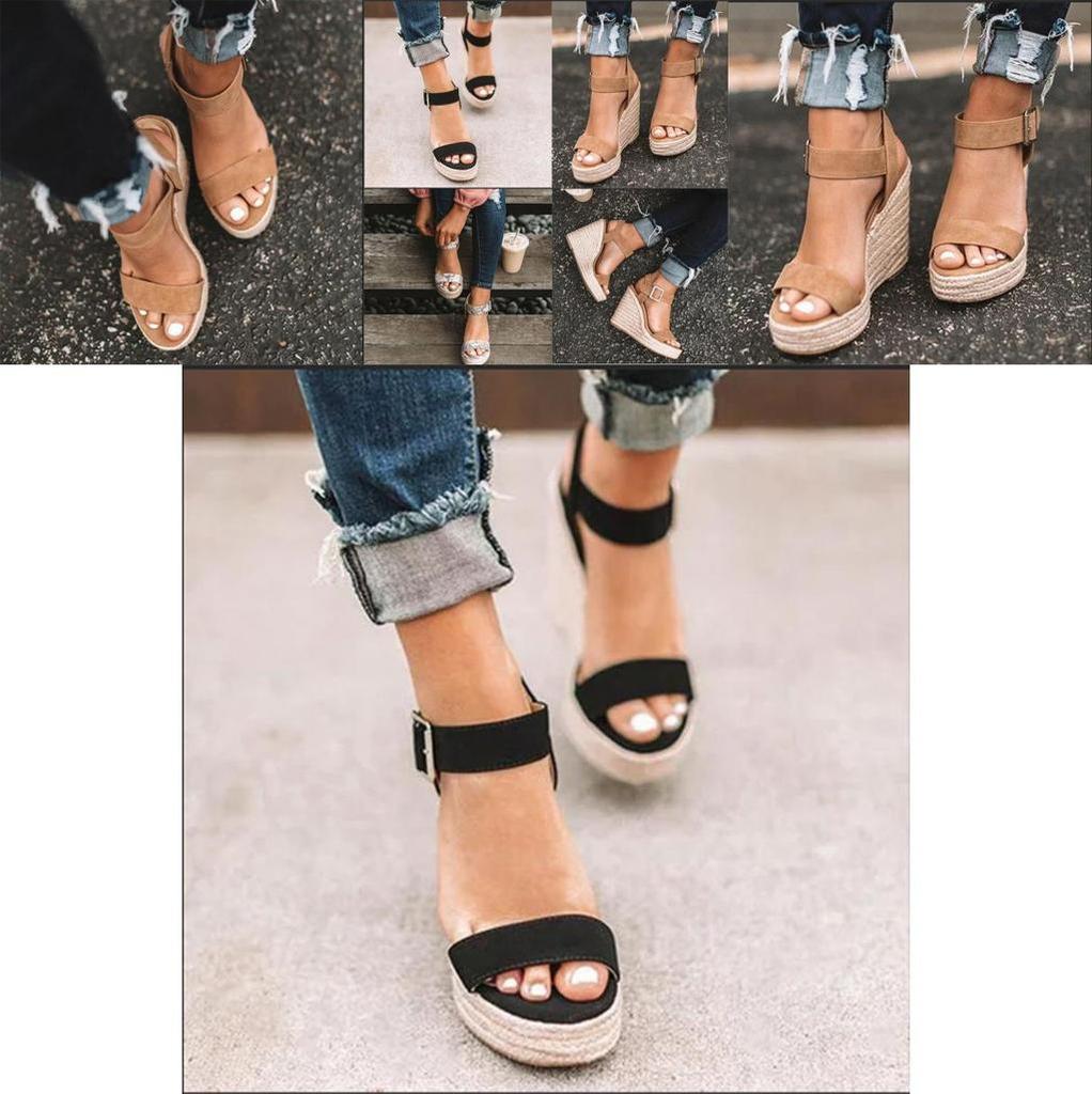 Elegant Summer Hemp Ladies Peep Toe Rope Wedge Sandals With Buckle Ankle Strap