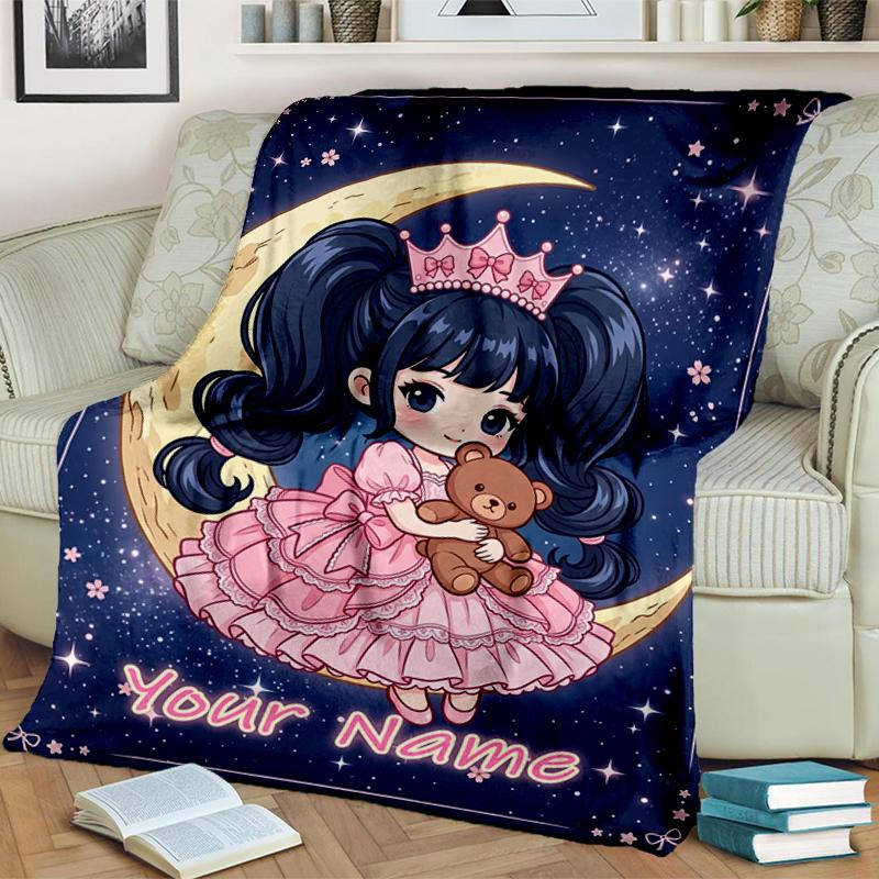 1PC Custom Name Princess Moon Night Adventure Blanket Versatile,all-season Throw Suitable for the Living Room,bedroom,camping,travel,and Gift