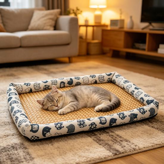 Pet Cooling Mat Summer Cooling Dog Bed Mat Washable Cooling Rattan Mat with Raised Edge Non-slip Bottom for Cats And Dogs