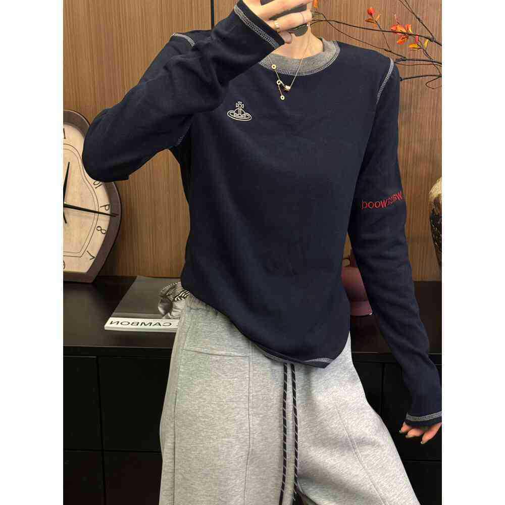 

2025 Plus Size Color Block Slimming Straight Shoulder Long Sleeve Top for Women Medium тёмно-синий
