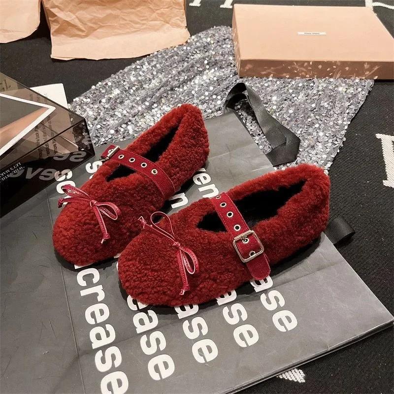 Fashion Autumn Winter Woman Shoe Real Wool Bowtie Decor Shallow Ballet Flat Shoe Women Round Toe Belt Buckle Comfortable Casual Shoe