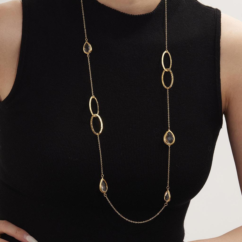 European & American Water Drop Glass Stone Long Sweater Necklace with Hollow Round Ring in Non-Fading Titanium Steel