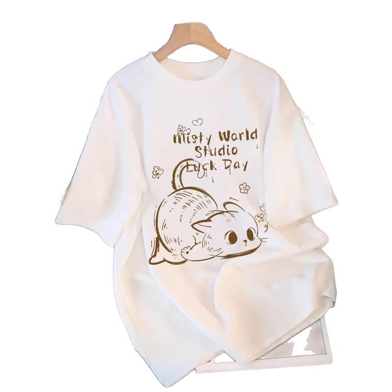 Summer 2026 Women's Loose-Fit Cartoon Cotton T-Shirt - Stylish & Versatile Mid-Length Design
