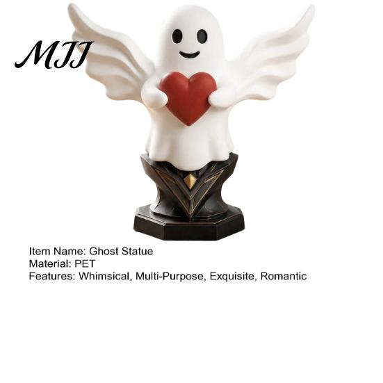 Whimsical Ghost Statue Figurine Angel Statue, Smiling Holding Heart Figurine, Cute Romantic White for Home Sculpture Halloween Valentine's