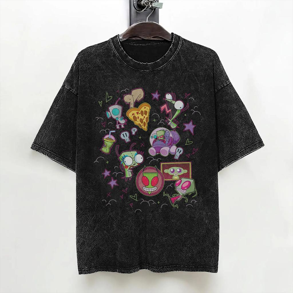 Cartoon Invaders Zim Gir Washed T Shirts Streetwear Fashion T-Shirts Tees Tops for Men Women Short Sleeve Graphic Printed