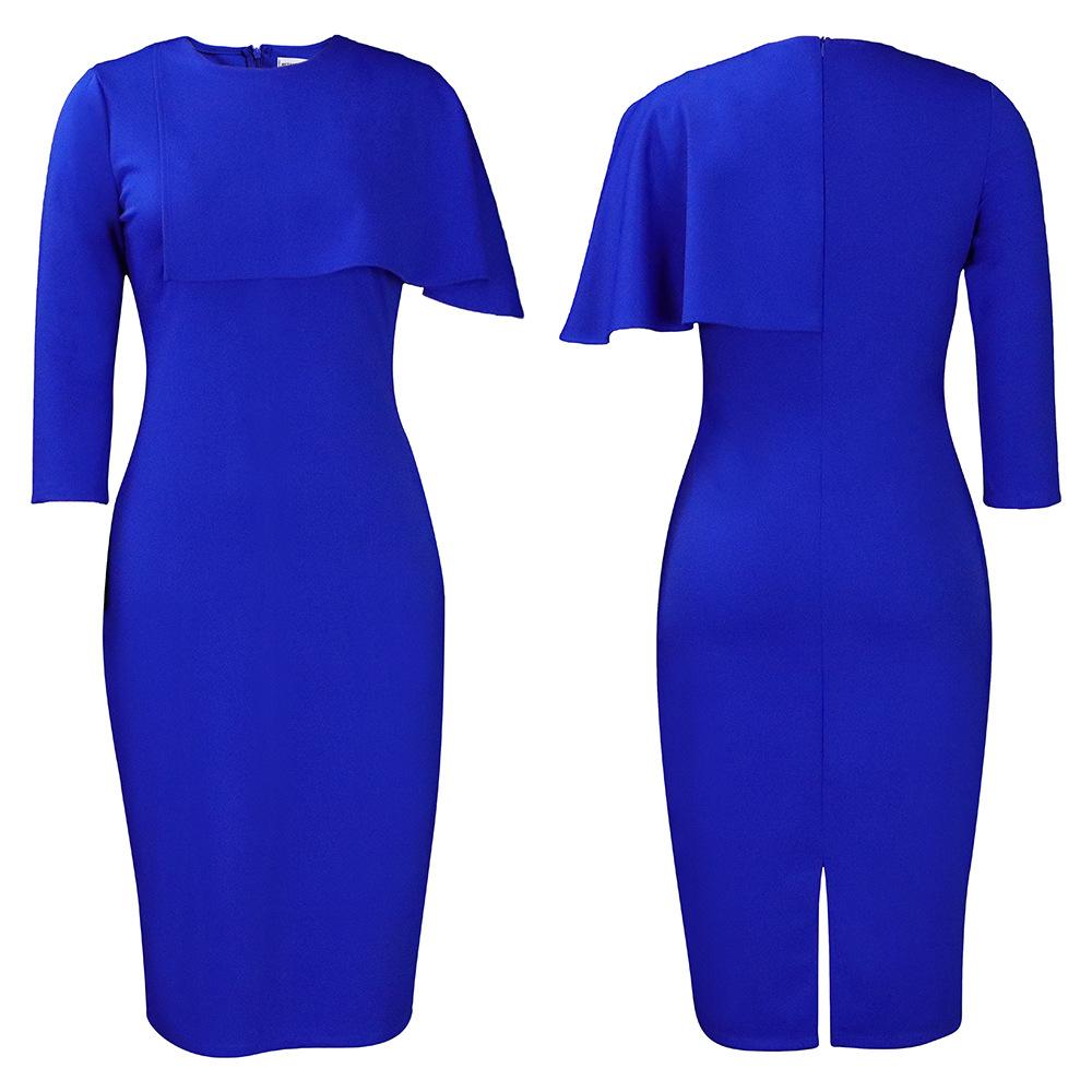 Büyük Boy Kadın İlkbahar Sonbahar Moda Ruffled İnce Elbise Bayanlar Zarif Tek Parça Katı Orta Kollu Kılıf Elbise