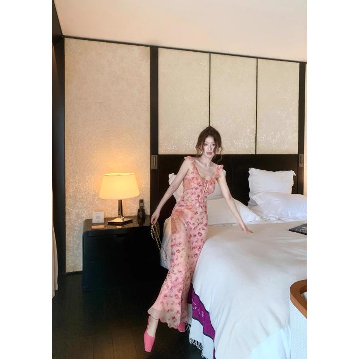 Sweet pink floral suspender dress women s summer new French high-end small holiday dress S