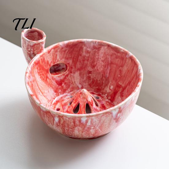 Ceramic Serving Plate Berry Washing Bowl with Drainage Holes, Multifunctional Fruit Blueberry Cleaning Basin Colander Basin, Swirl Design Vegetable