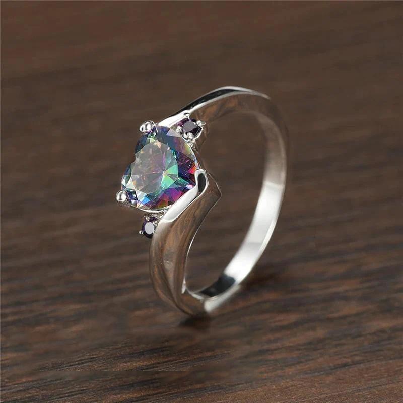 1Pc Fashion Synthetic Zircon Rainbow Heart Ring Creative Rainbow Peach Heart Ring Swing Arm Design Multifunctional Ring