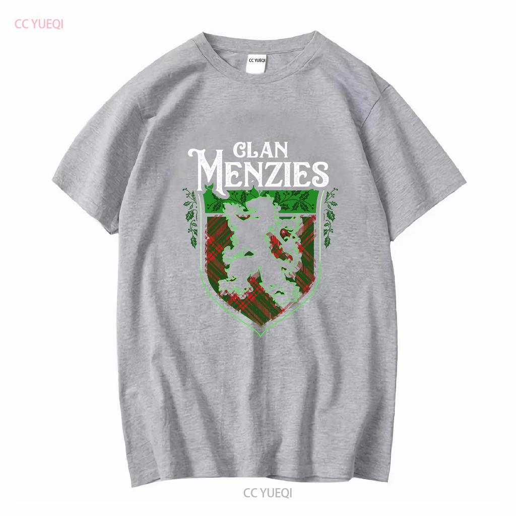 Clan Menzies Scottish Tartan Lion Rampant T Shirt Crest Last Name Surname Womens Long or Short Sleeves Vintage Washed Graphic
