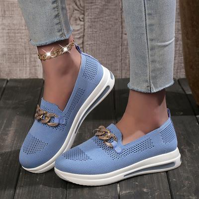 Mesh-Schuhe mit flachem Mund, einfarbig, runder Kopf, Kette, Sport, Freizeitschuhe für Damen