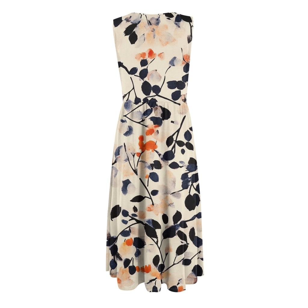 Abito casual da donna alla moda, con scollo rotondo stampato, senza maniche, con tasche, lunghezza media
