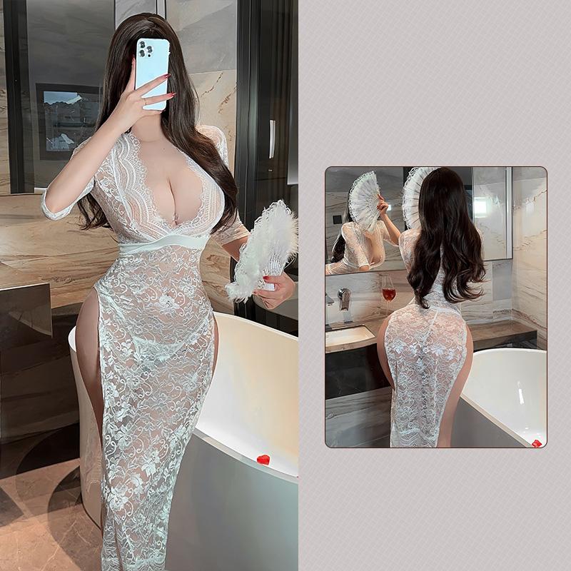 Sexy lingerie women's sexy lace seduction see through long skirt hot side slit slim fitting uniform pajamas sexy costumes woman