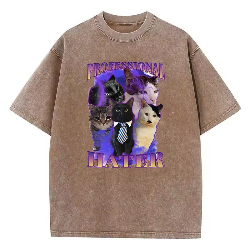 Retro T-Shirt Vintage Gewaschenes Baumwoll-T-Shirt Professioneller Hater Katze Grafik-T-Shirt Lässige Streetwear Frühling Sommer