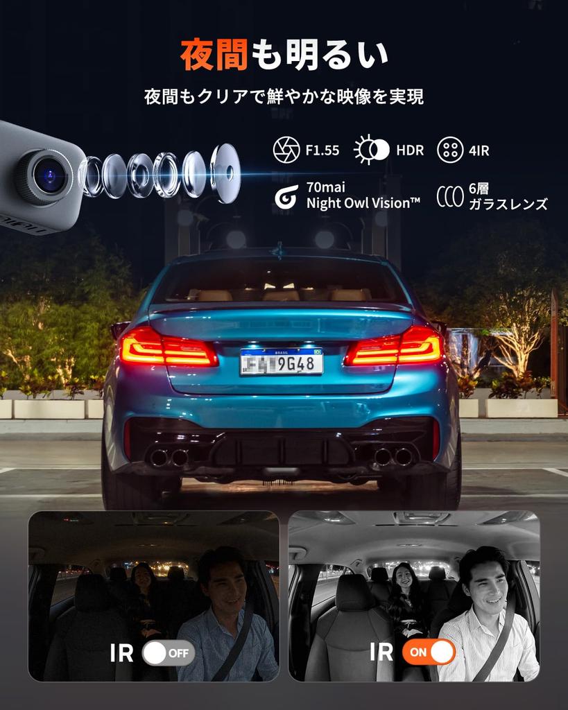 70mai Rejestrator jazdy Dash Cam T400 z 3 kamerami i kartą SD 64 GB Funkcje obejmują Podczerwień nocna, Tryb parkowania nocnego, Kompatybilność ze smartfonem i PC, Zasilanie 12V