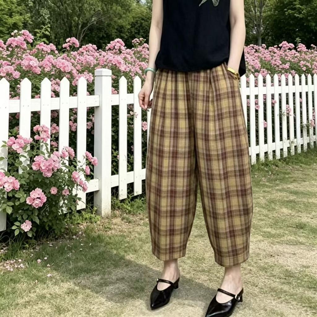 Women's High Waist Plaid Double Gauze Harem Pants Loose Fit Cropped Carrot Trousers