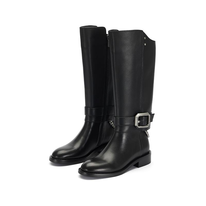 

Ретро пряжка на ремне, но ботфорты до колена женские новые прямые на толстой подошве ретро с круглым носком на толстом каблуке с задней молнией 40 чёрный