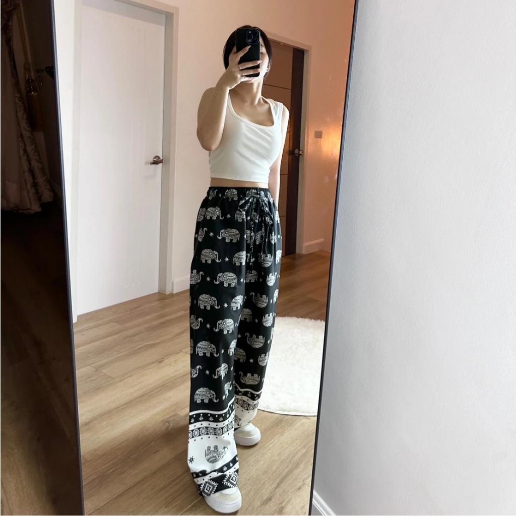 Elephant Pants Women Men Unisex Premium Japanese Silk Print Thailand Casual Streetwear Beach Bohemian Retro Vintage Adjustable Rope Loose Legs