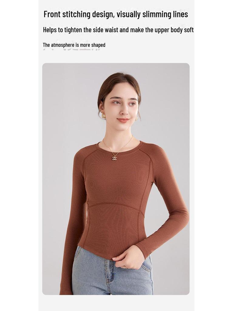 Damen Herbst/Winter Slim Fit Langarm Woll-Plus-Samt-Oberteil mit Rundhalsausschnitt