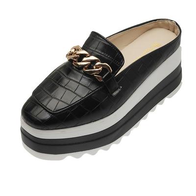 Damskie Muły na Platformie Grube Podeszwy Koturny Obcas Modne Kapcie Casualowe Brytyjskie Skórzane Buty 7cm Wysokie Obcasy Chodaki Buty na Platformie