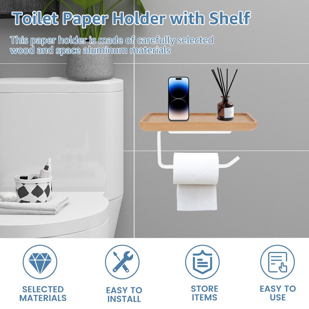 Toilet Paper Holder with Wood Shelf Wall Mount Tissue Paper Roll Holder Minimalist Toilet Paper Holder Rack Toilet Paper Roll